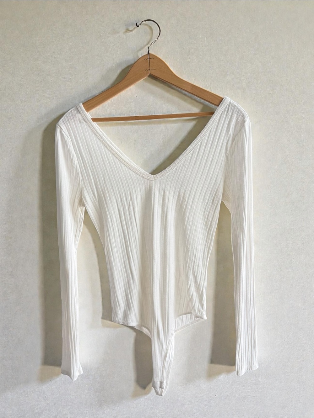 Altar'd State White Ribbed V-Neck Long-Sleeve Bodysuit